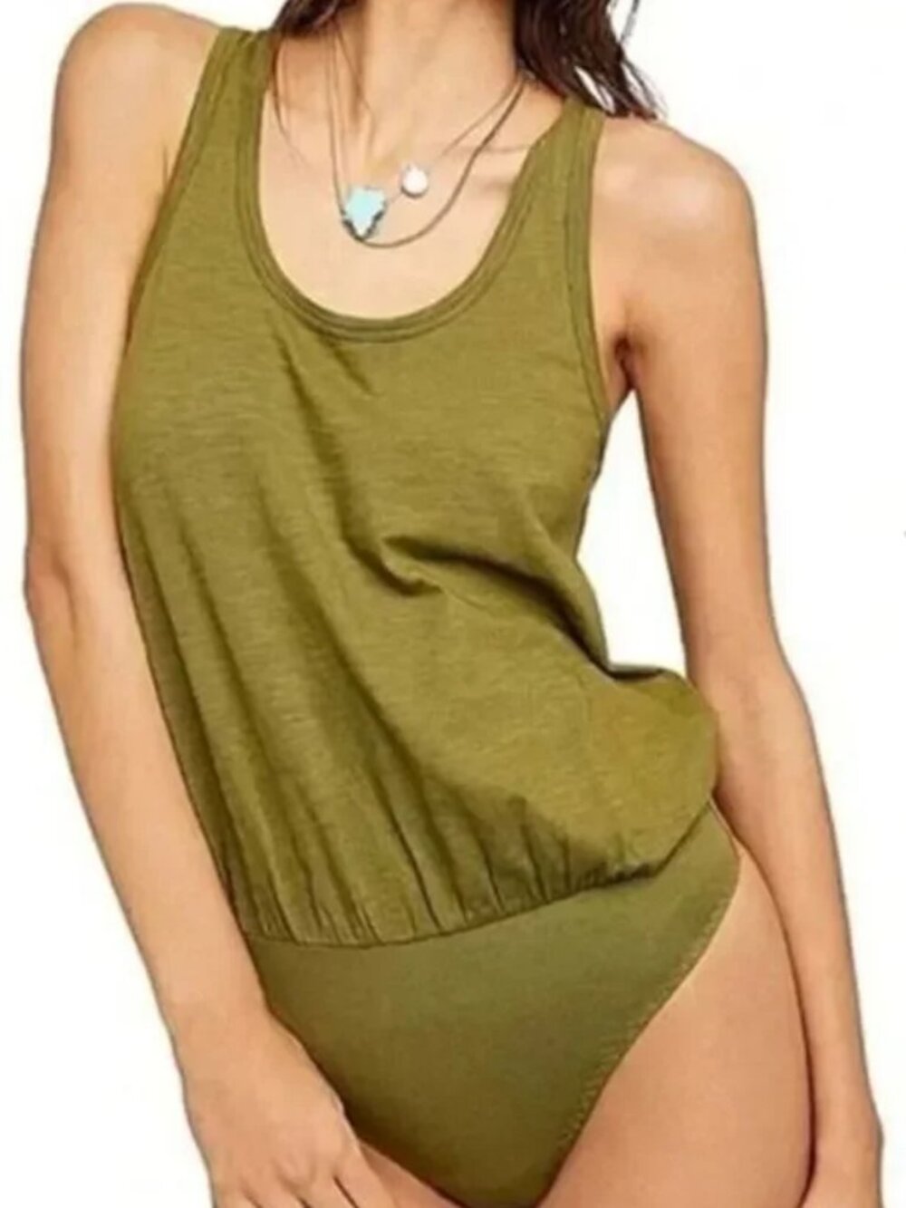 Free People Intimately Olive Green Slouchy Tank Shirt Bodysuit Medium